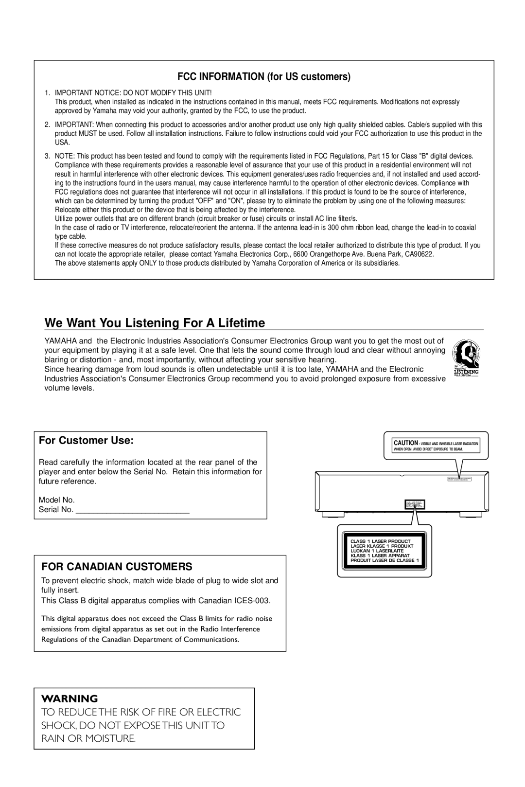 Yamaha DVD-C940 owner manual FCC INFORMATION for US customers, For Customer Use, For Canadian Customers 