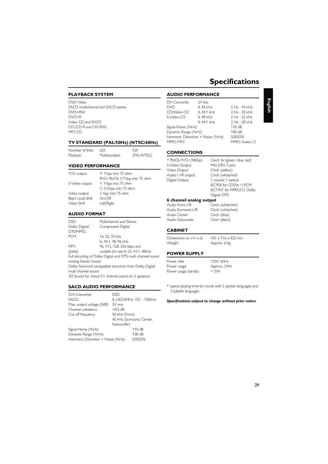 Yamaha DVD-C940 owner manual Specifications, English 