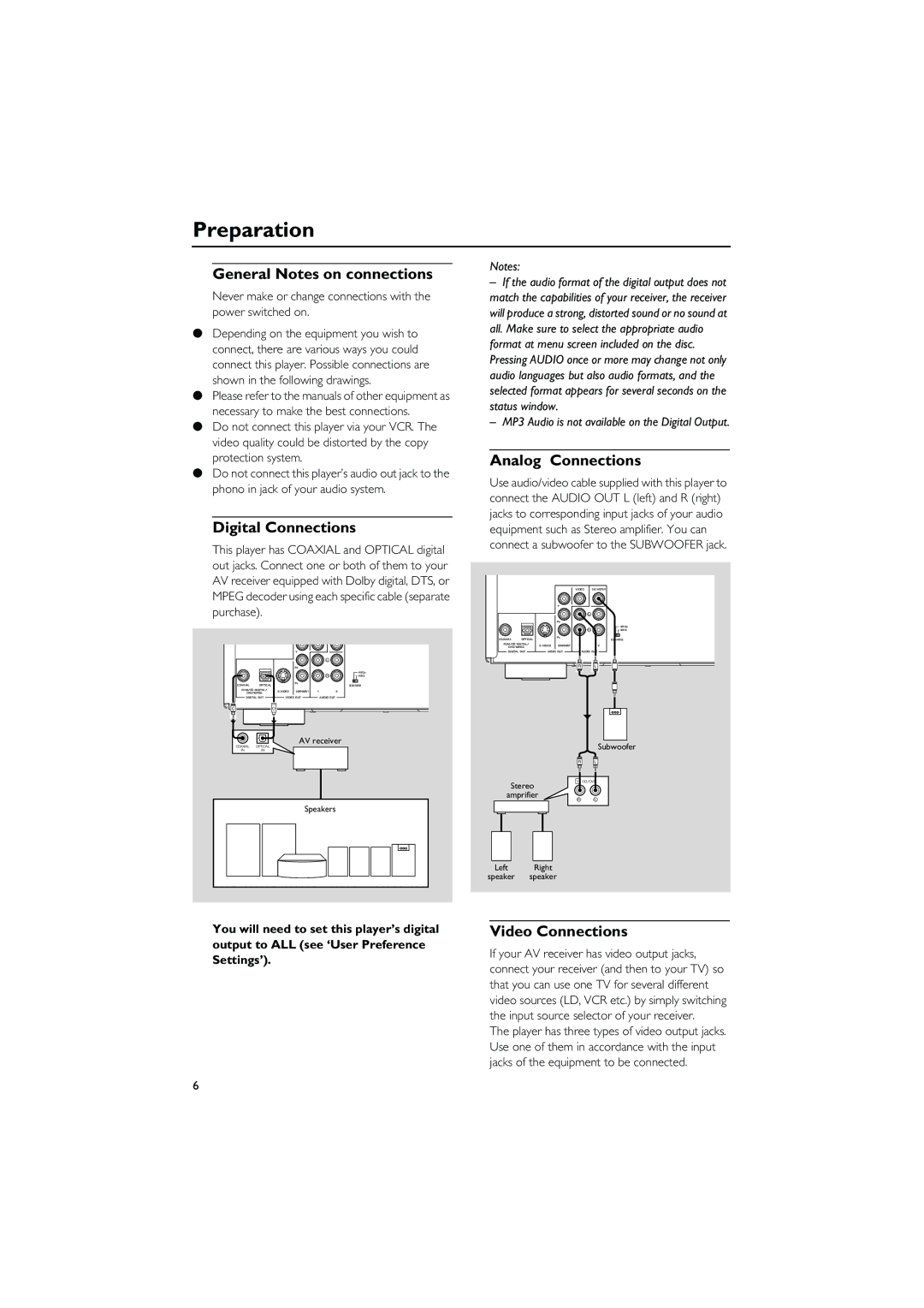 Yamaha DVD CHANGER Preparation, General Notes on connections, Digital Connections, Analog Connections, Video Connections 