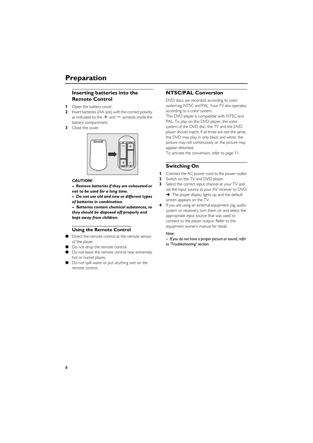 Yamaha DVD CHANGER owner manual Inserting batteries into the Remote Control, NTSC/PAL Conversion, Switching On 