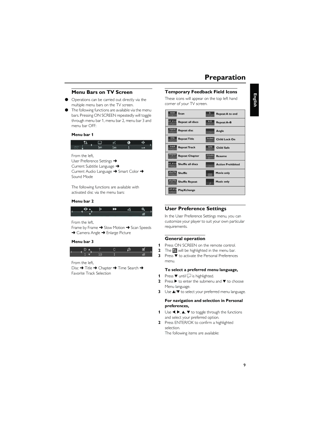 Yamaha DVD CHANGER Menu Bars on TV Screen, User Preference Settings, Temporary Feedback Field Icons, General operation 