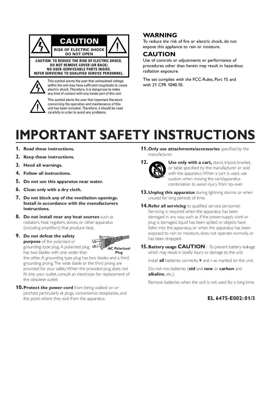 Yamaha DVD CHANGER owner manual Important Safety Instructions, EL 6475-E002 01/3 