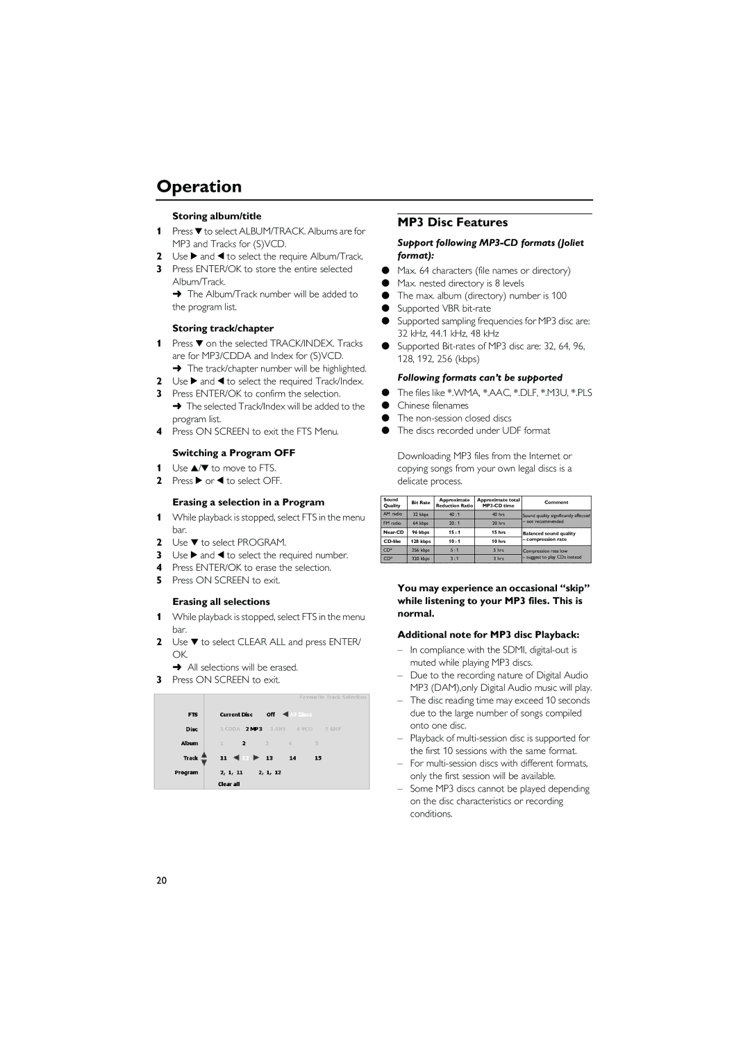 Yamaha DVD CHANGER owner manual MP3 Disc Features, Use 3/4 to move to FTS Press 2 or 1 to select OFF 