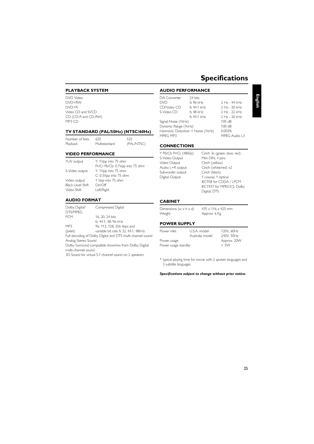 Yamaha DVD CHANGER owner manual Specifications 