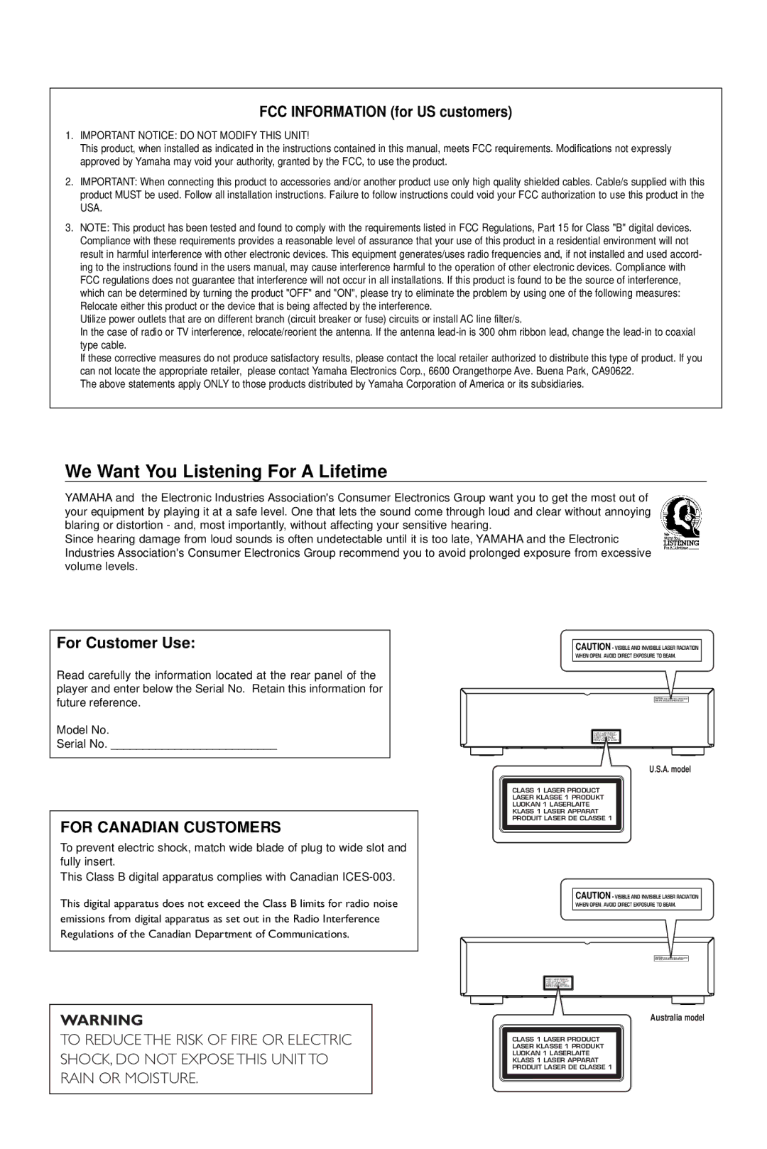 Yamaha DVD CHANGER owner manual We Want You Listening For a Lifetime 