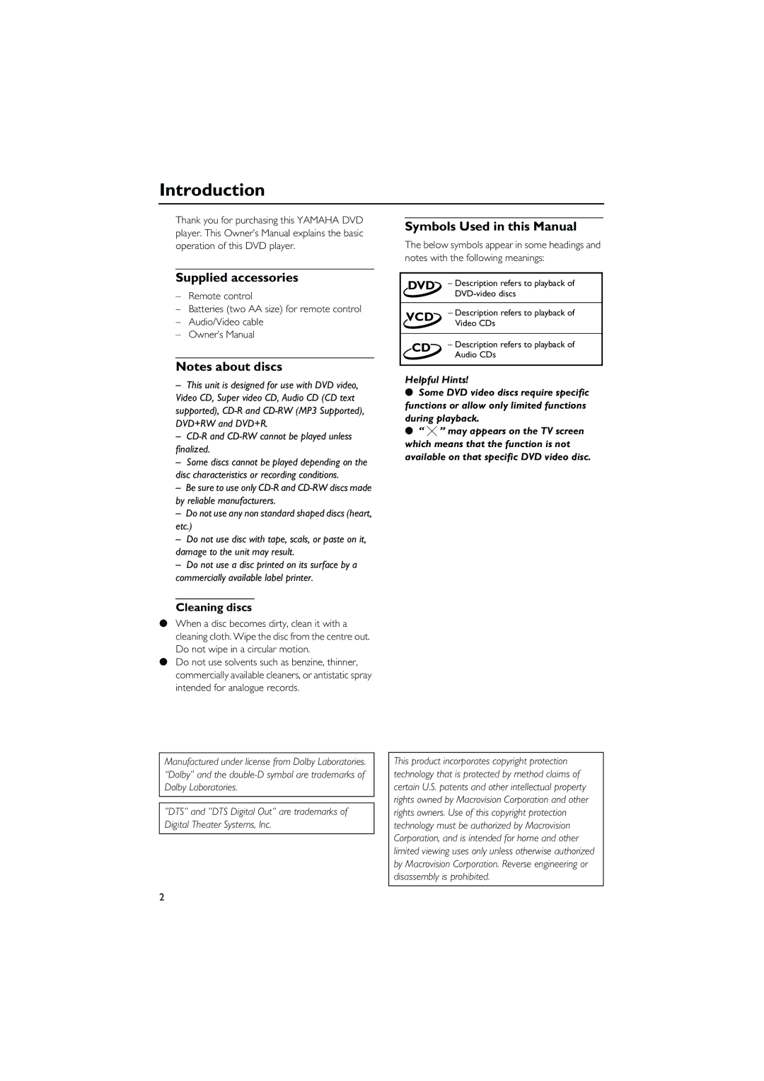 Yamaha DVD CHANGER owner manual Introduction, Supplied accessories, Symbols Used in this Manual, Cleaning discs 