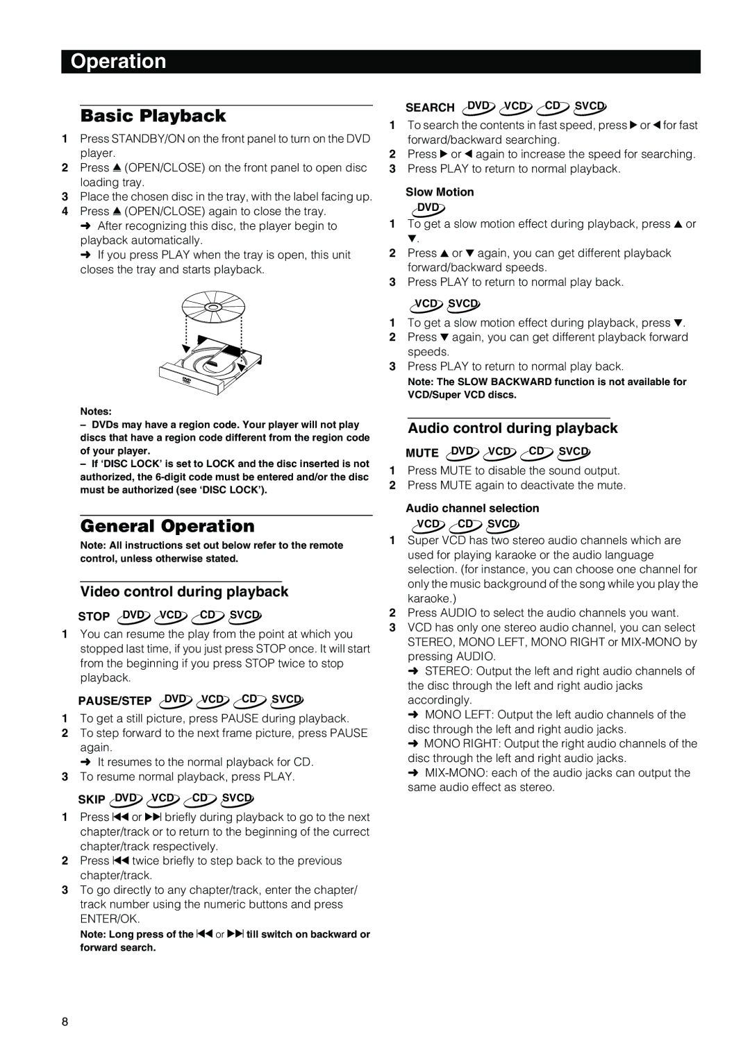 Yamaha DVD-E600 Basic Playback, General Operation, Video control during playback, Audio control during playback 