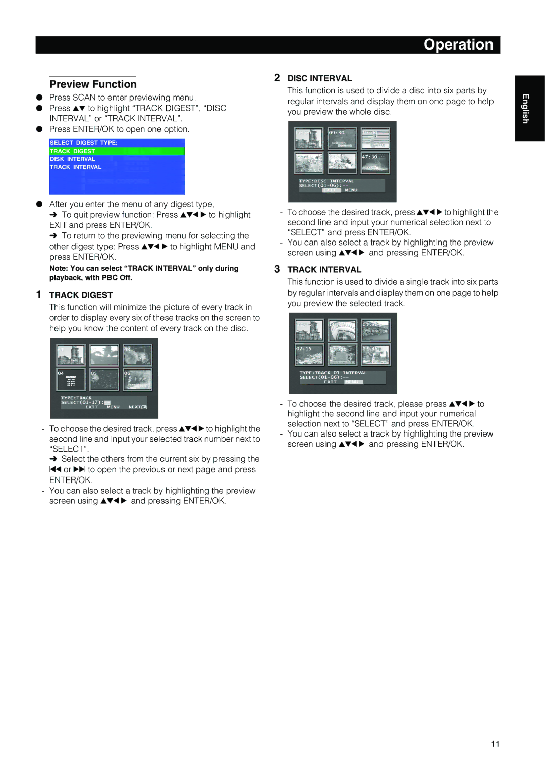 Yamaha DVD-E600 owner manual Preview Function, Disc Interval, Track Digest, Track Interval 