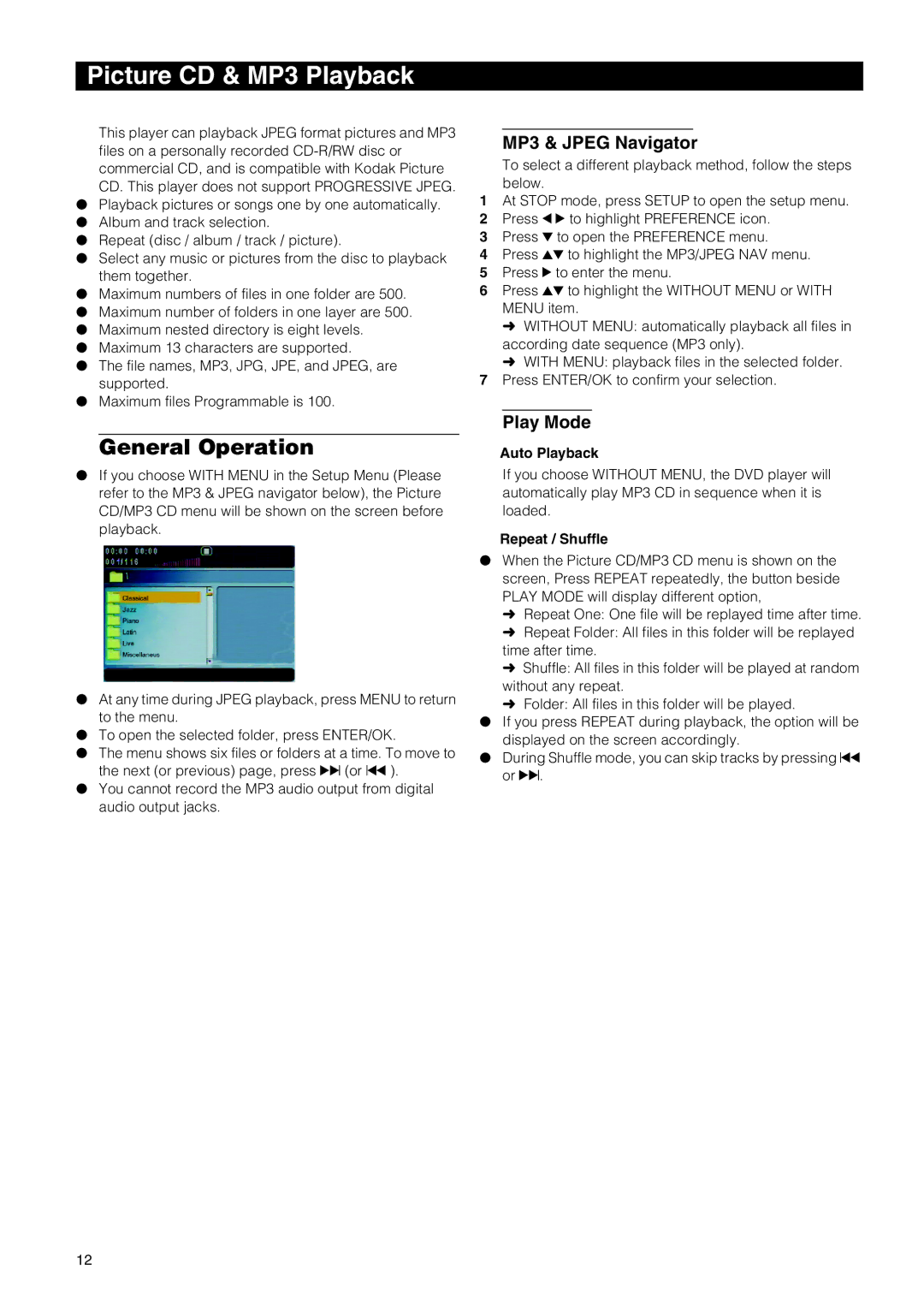 Yamaha DVD-E600 owner manual Picture CD & MP3 Playback, MP3 & Jpeg Navigator, Play Mode, Auto Playback, Repeat / Shuffle 