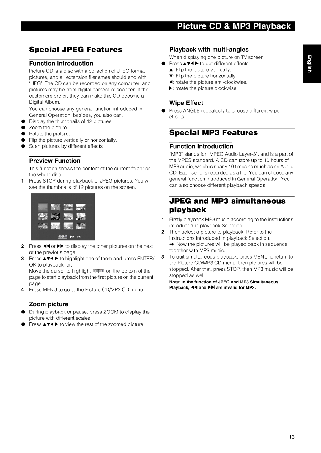 Yamaha DVD-E600 owner manual Special Jpeg Features, Special MP3 Features, Jpeg and MP3 simultaneous playback 