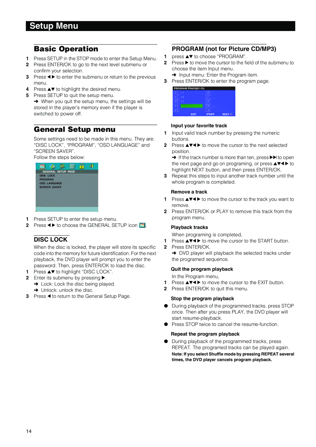 Yamaha DVD-E600 owner manual Setup Menu, Basic Operation, General Setup menu, Program not for Picture CD/MP3, Disc Lock 