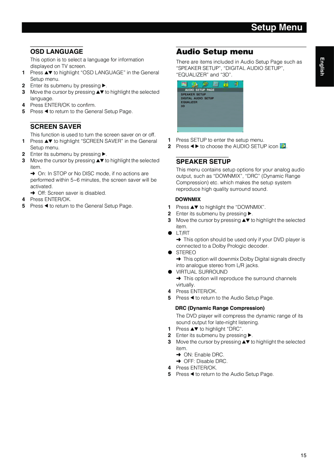 Yamaha DVD-E600 owner manual Audio Setup menu, OSD Language, Screen Saver, Speaker Setup, Downmix 