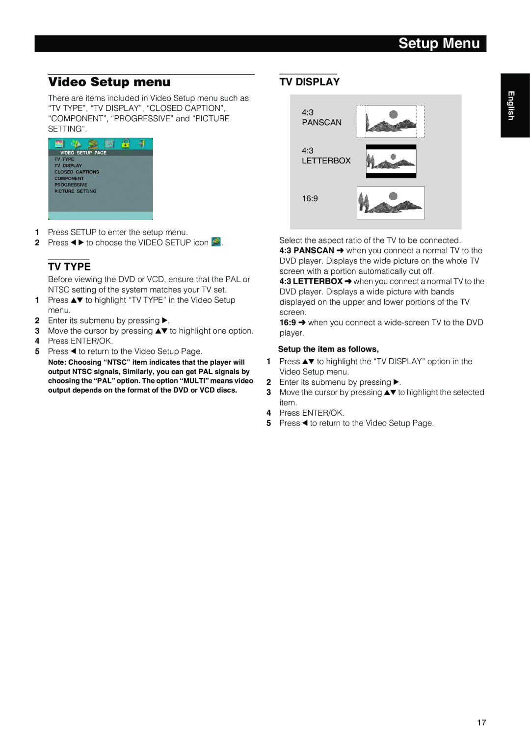 Yamaha DVD-E600 owner manual Video Setup menu, TV Type, TV Display, Setup the item as follows 