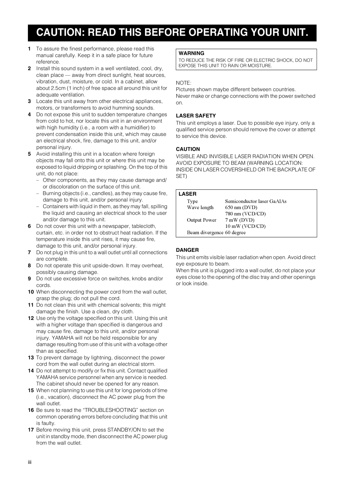 Yamaha DVD-E600 owner manual Laser Safety 