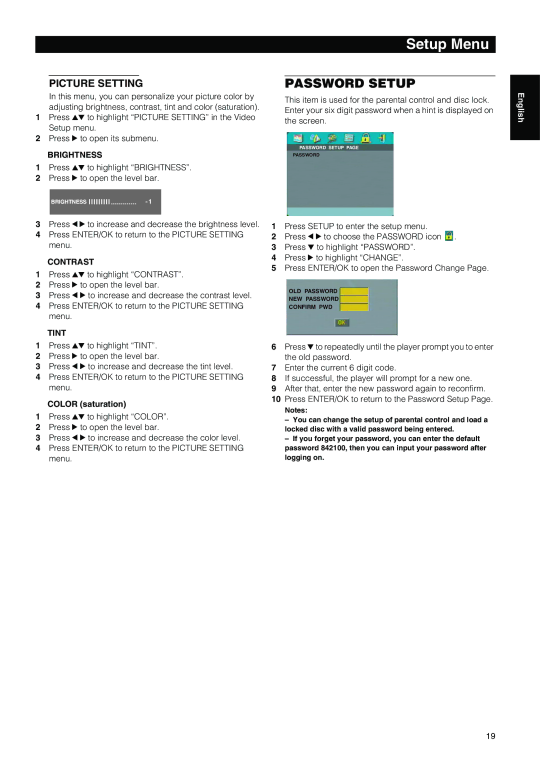 Yamaha DVD-E600 owner manual Picture Setting, Brightness, Contrast, Tint, Color saturation 