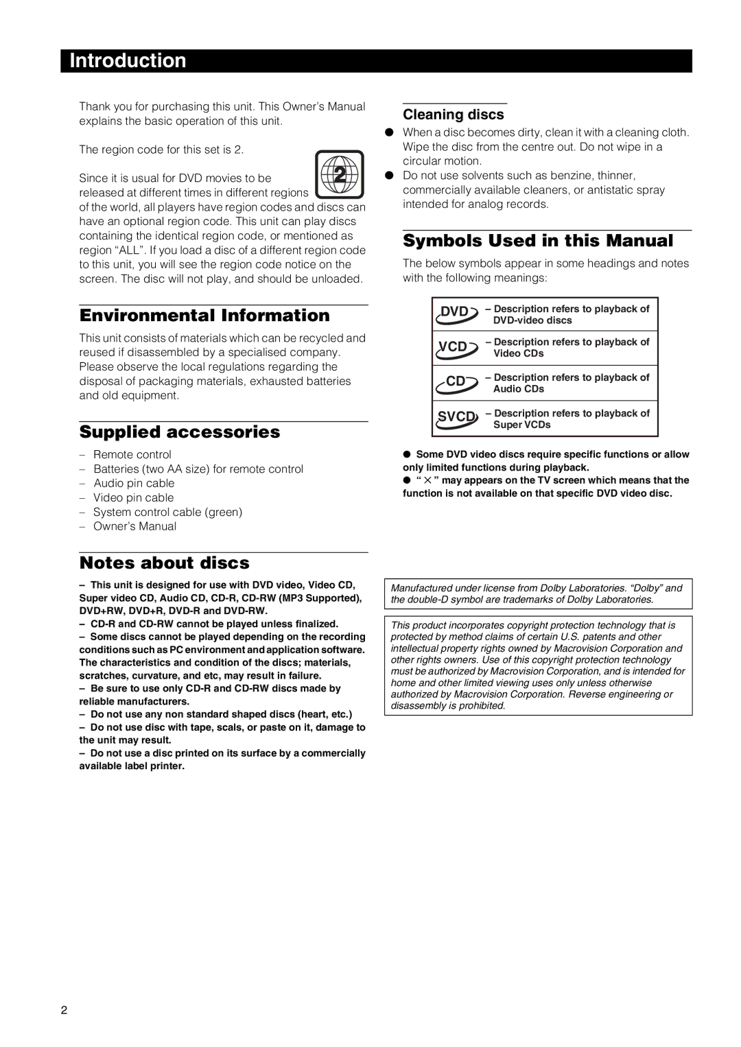 Yamaha DVD-E600 owner manual Introduction, Environmental Information, Supplied accessories, Symbols Used in this Manual 