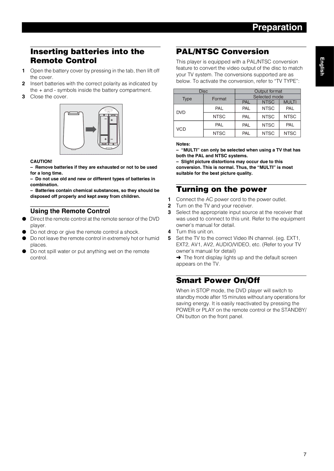 Yamaha DVD-E600 Inserting batteries into the Remote Control, PAL/NTSC Conversion, Turning on the power, Smart Power On/Off 