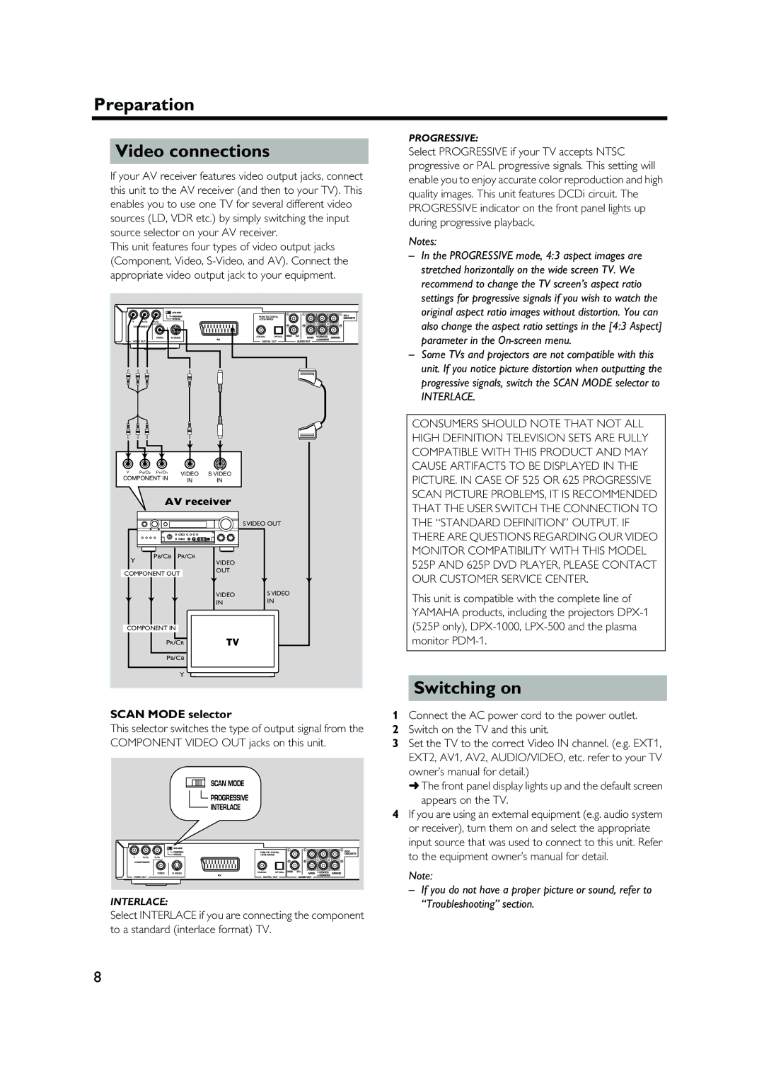 Yamaha DVD-S1500 owner manual Preparation Video connections, Switching on, Scan Mode selector 