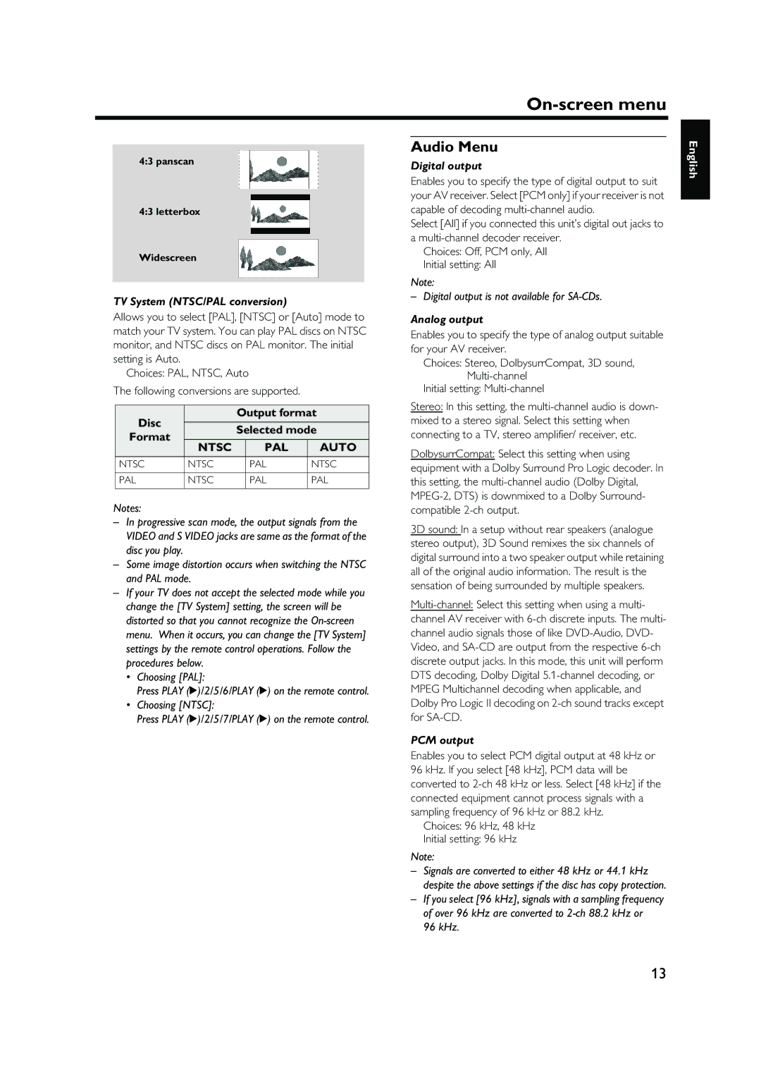 Yamaha DVD-S1500 owner manual Audio Menu, TV System NTSC/PAL conversion, Digital output, Analog output, PCM output 