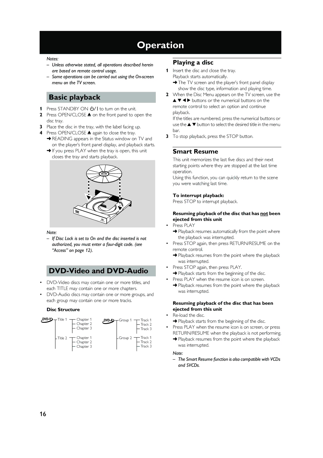 Yamaha DVD-S1500 owner manual Operation, Basic playback, DVD-Video and DVD-Audio, Playing a disc, Smart Resume 