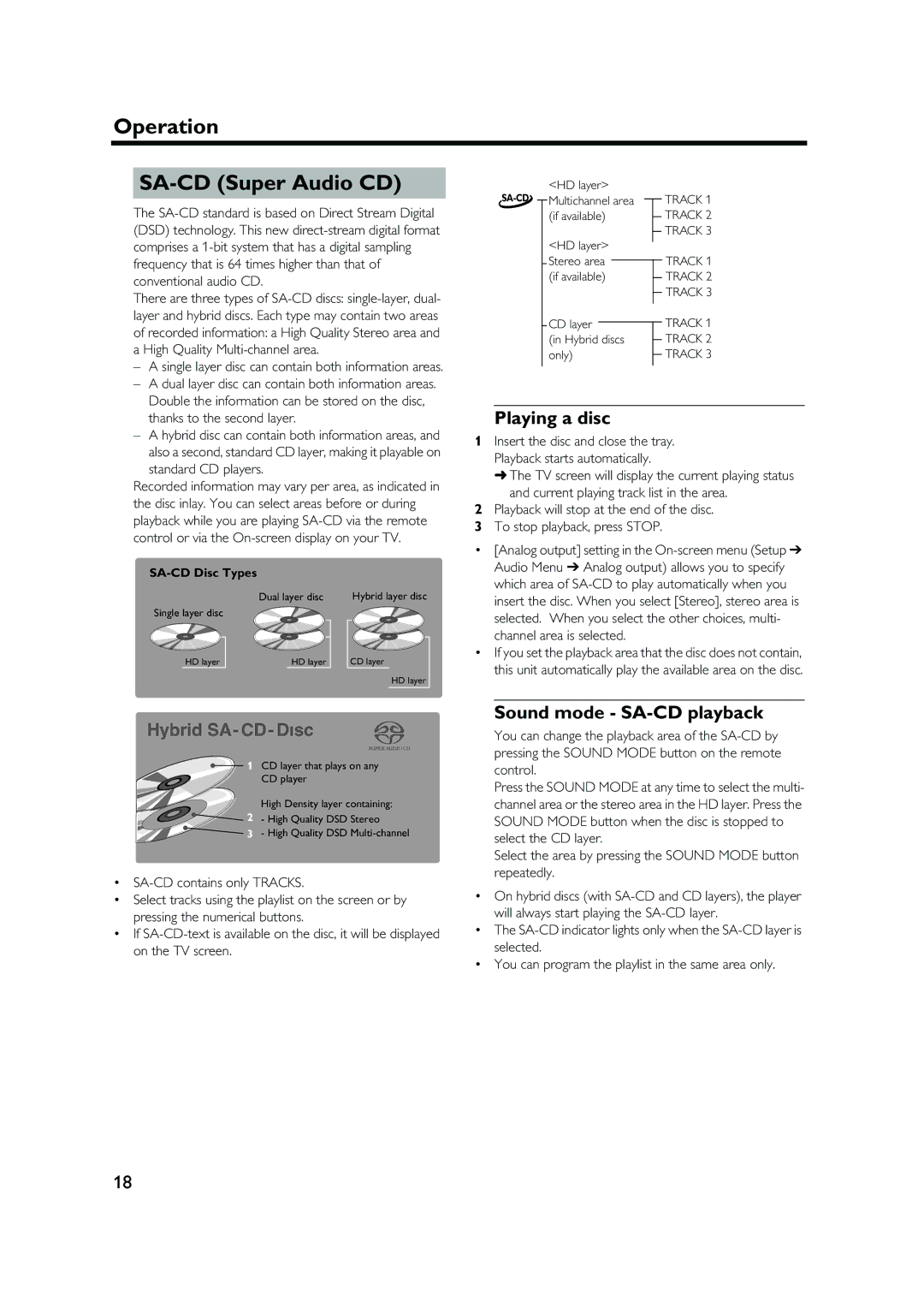 Yamaha DVD-S1500 owner manual Operation SA-CD Super Audio CD, Sound mode SA-CD playback, SA-CD contains only Tracks 