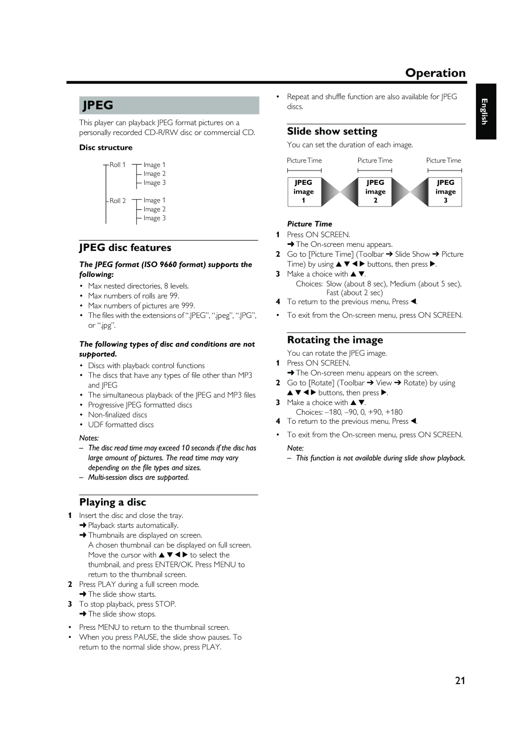 Yamaha DVD-S1500 owner manual Slide show setting, Jpeg disc features, Rotating the image 