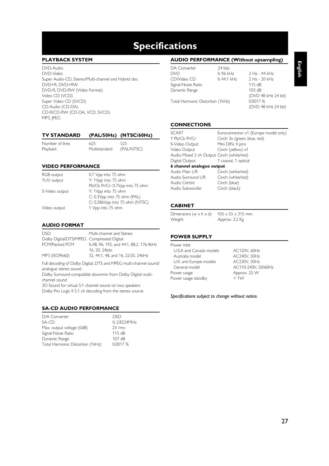 Yamaha DVD-S1500 owner manual Specifications 