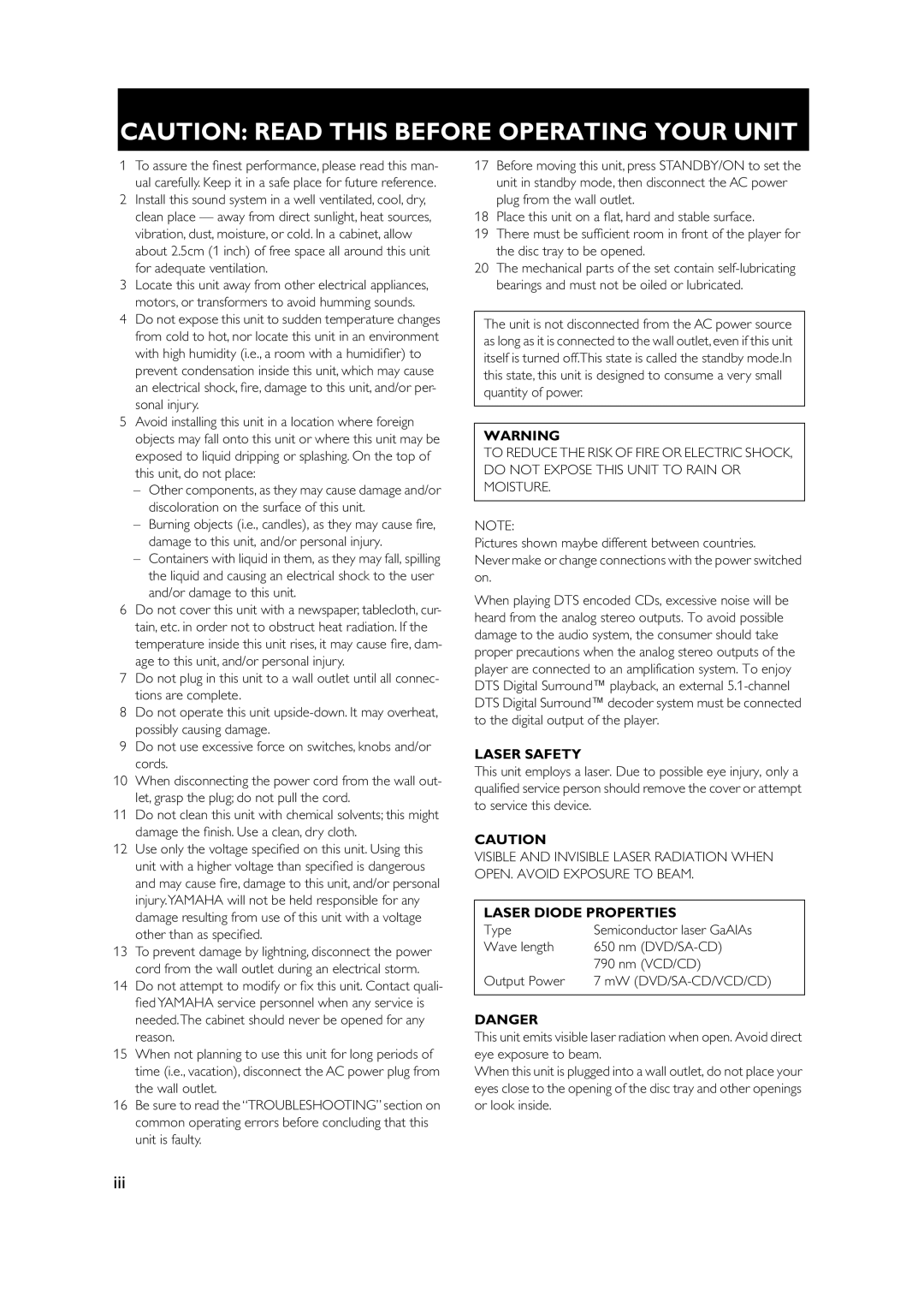 Yamaha DVD-S1500 owner manual Laser Safety, Laser Diode Properties 