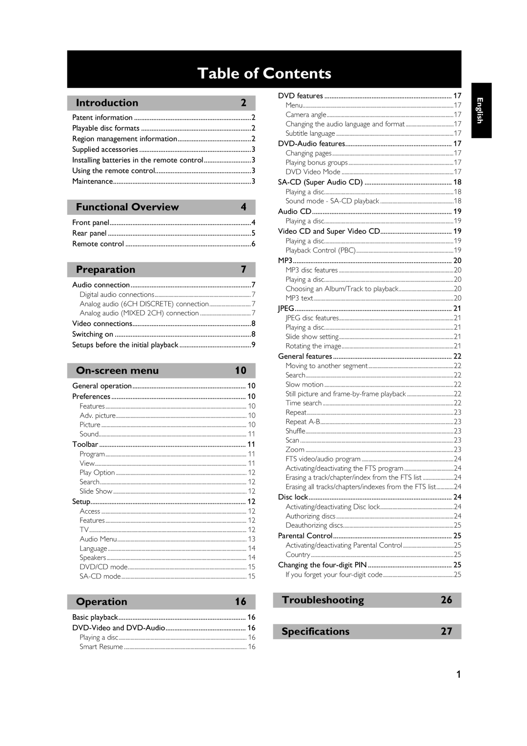 Yamaha DVD-S1500 owner manual Table of Contents 