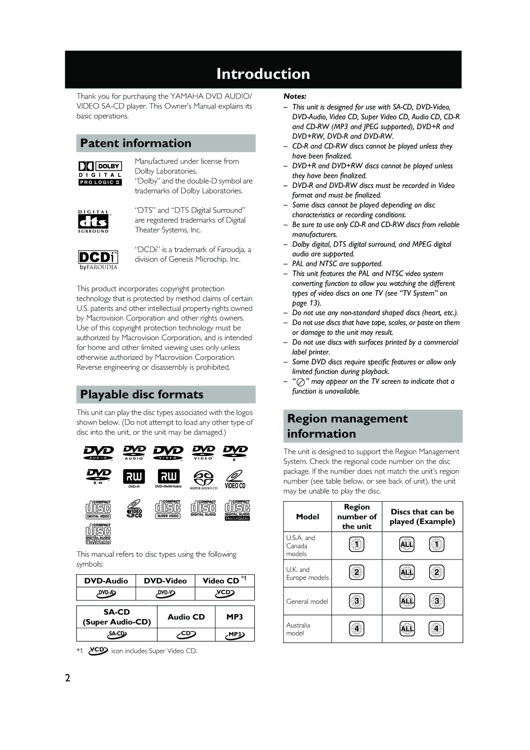 Yamaha DVD-S1500 owner manual Introduction, Patent information, Playable disc formats, Sa-Cd, MP3 