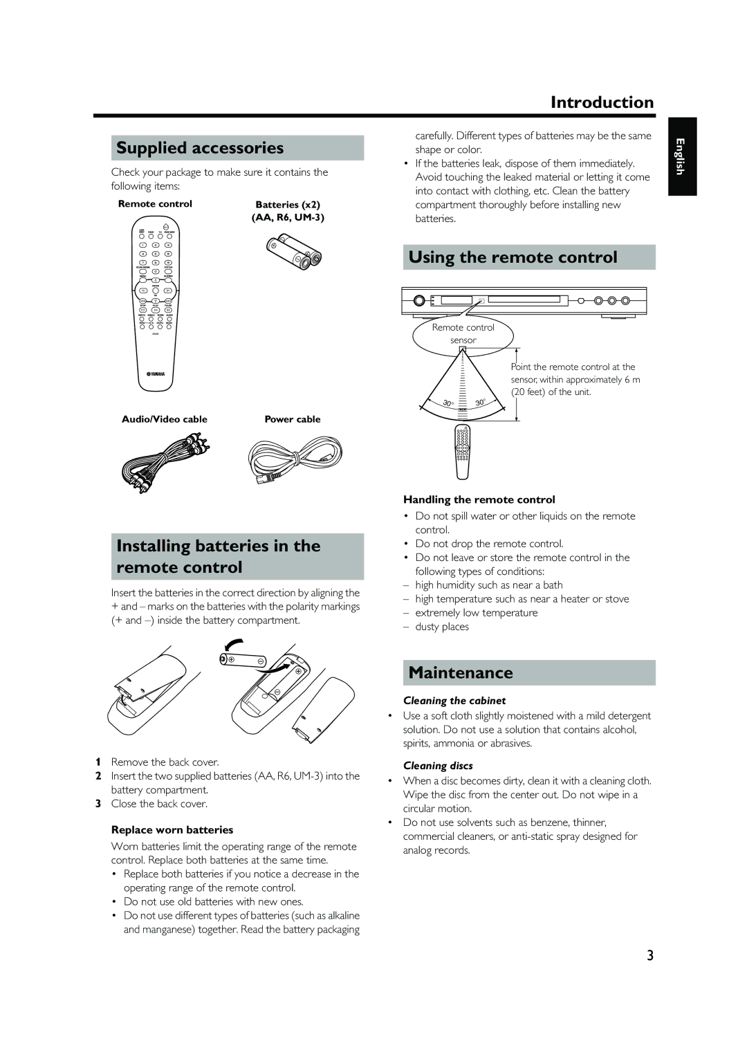 Yamaha DVD-S1500 Introduction Supplied accessories, Using the remote control, Installing batteries in the remote control 