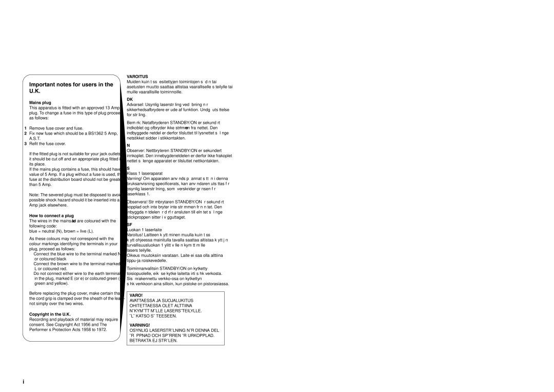 Yamaha DVD-S1700 manual Important notes for users in the U.K, Varoitus, Varning 