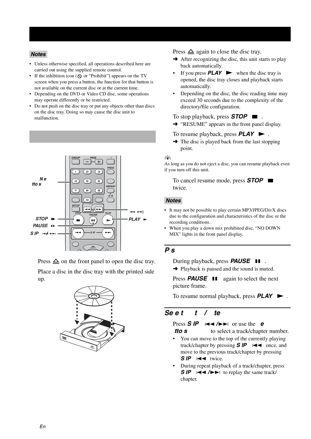 Yamaha DVD-S1700 manual Disc Operation, Basic operation, 16 En, Pausing playback, Selecting a track/chapter 