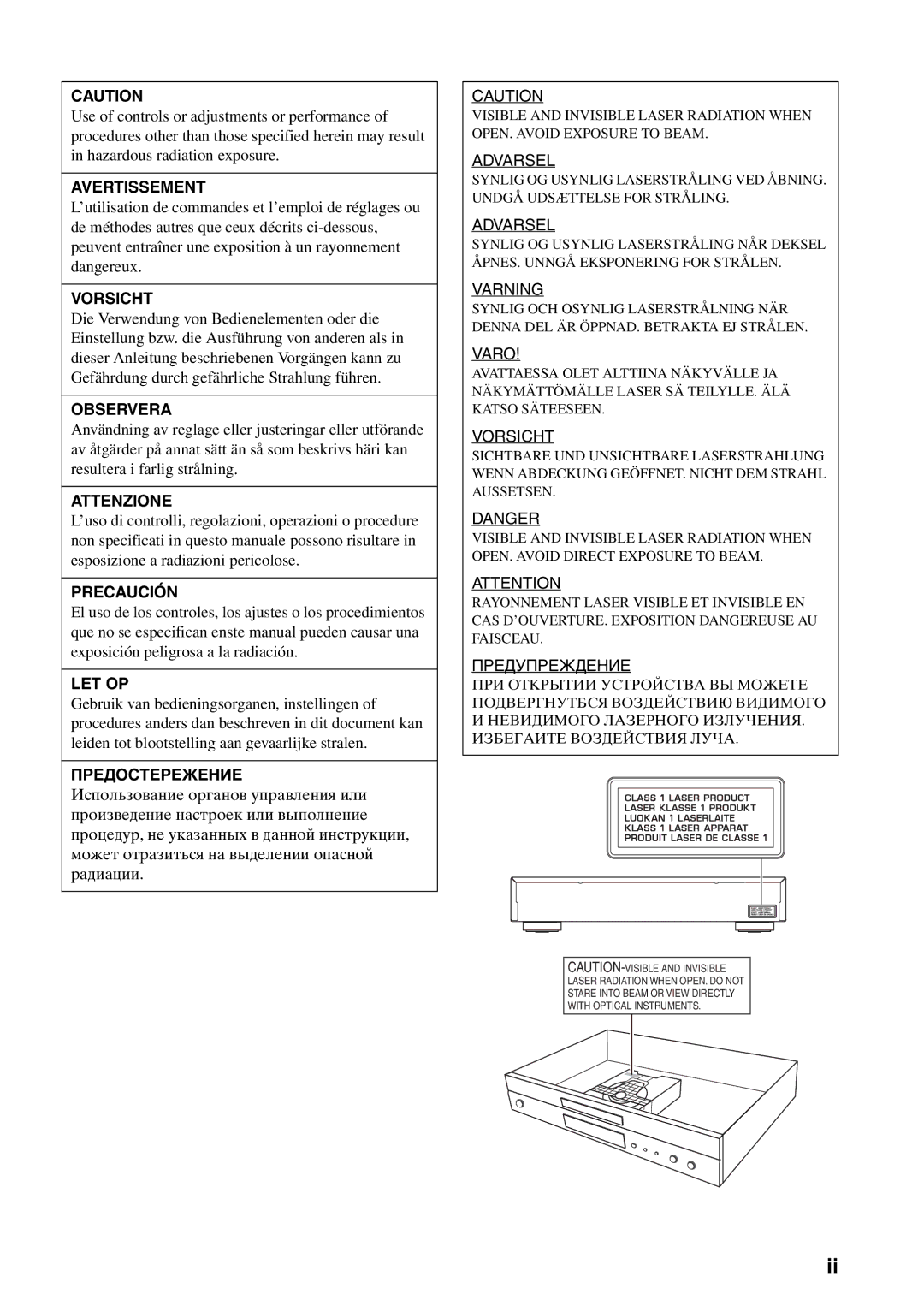 Yamaha DVD-S1700 manual Avertissement, Vorsicht, Observera, Attenzione, Precaución, Let Op 