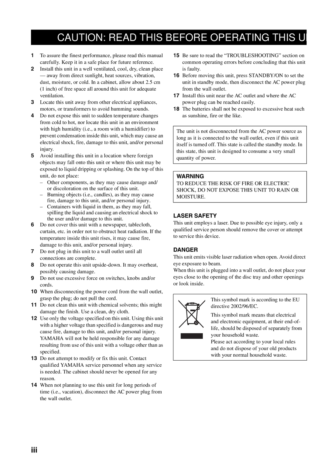 Yamaha DVD-S1700 manual Iii, Laser Safety 