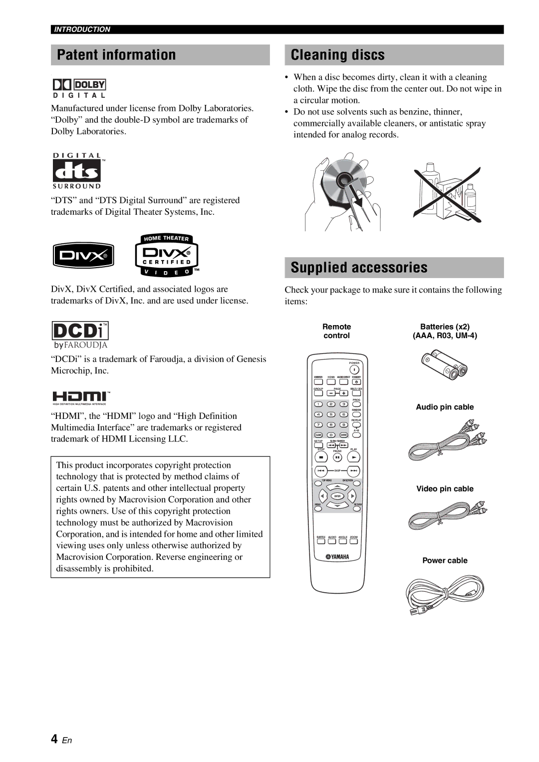 Yamaha DVD-S1700 manual Patent information, Cleaning discs, Supplied accessories 