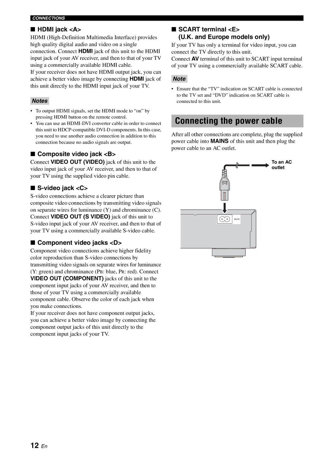 Yamaha DVD-S1700B manual Connecting the power cable, 12 En 