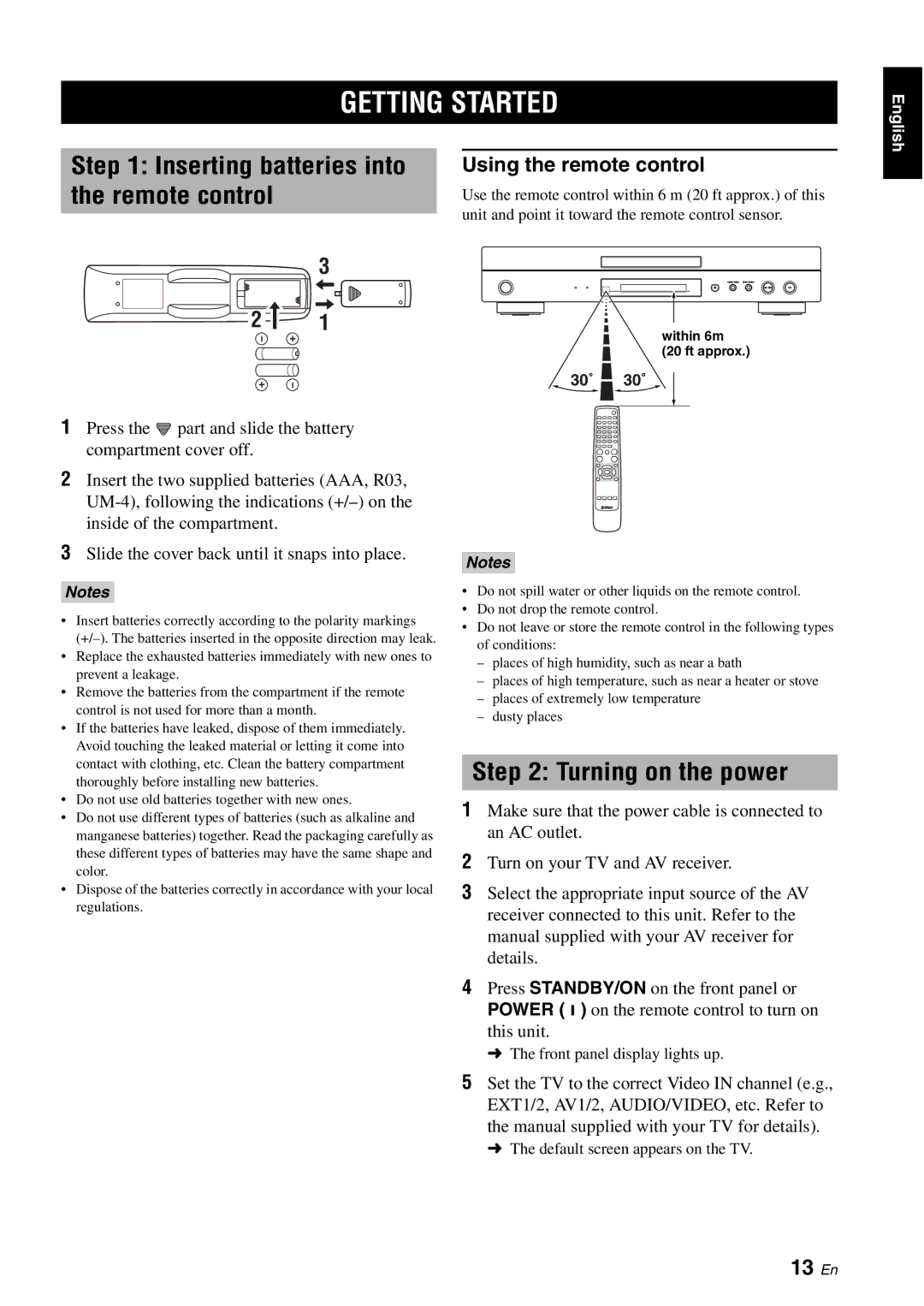 Yamaha DVD-S1700B manual Getting Started, Inserting batteries into, Turning on the power, 13 En, Using the remote control 