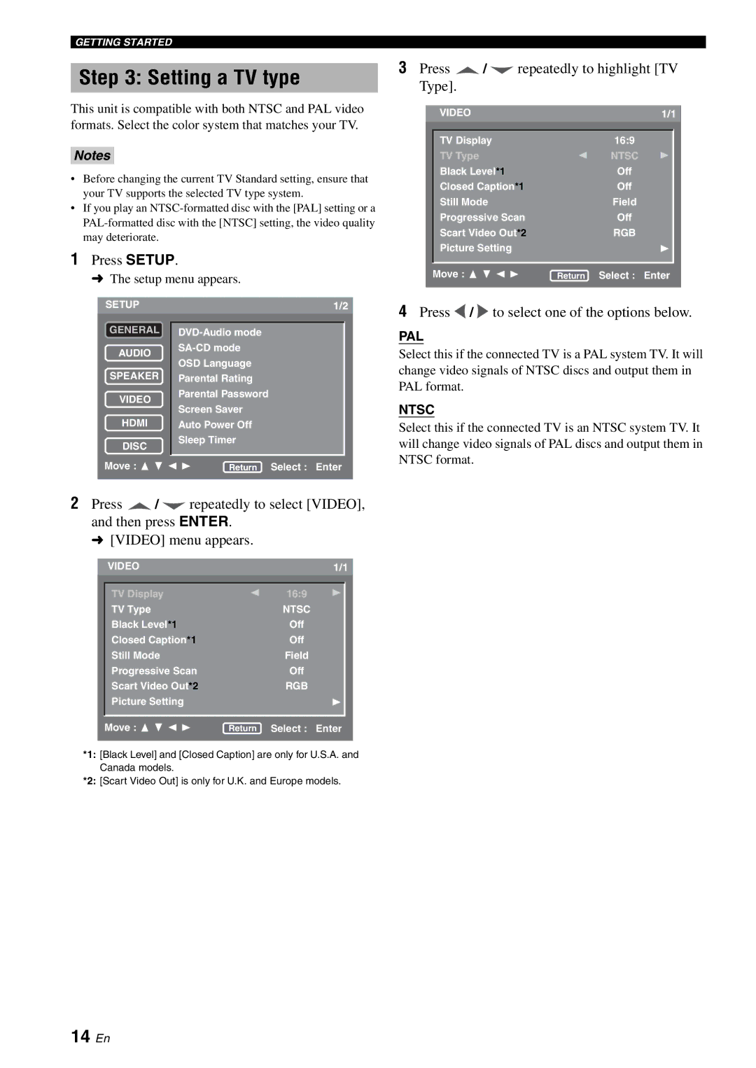 Yamaha DVD-S1700B manual Setting a TV type, 14 En, Press Setup, Press / repeatedly to highlight TV Type 