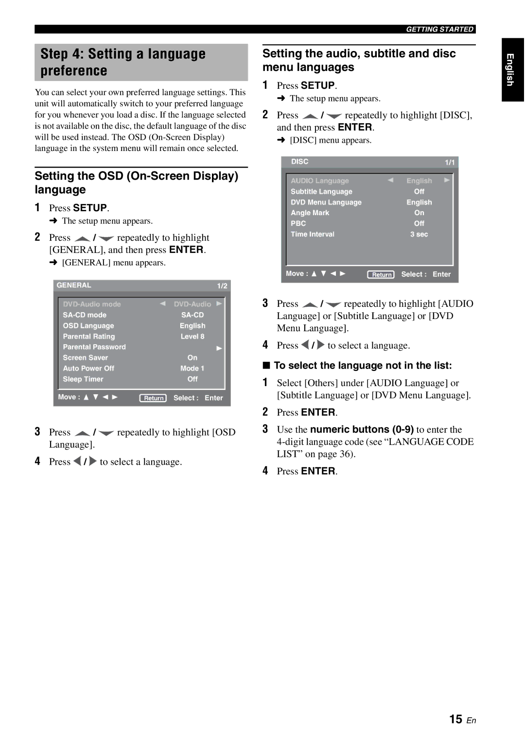 Yamaha DVD-S1700B manual Setting a language preference, 15 En, Setting the OSD On-Screen Display language 