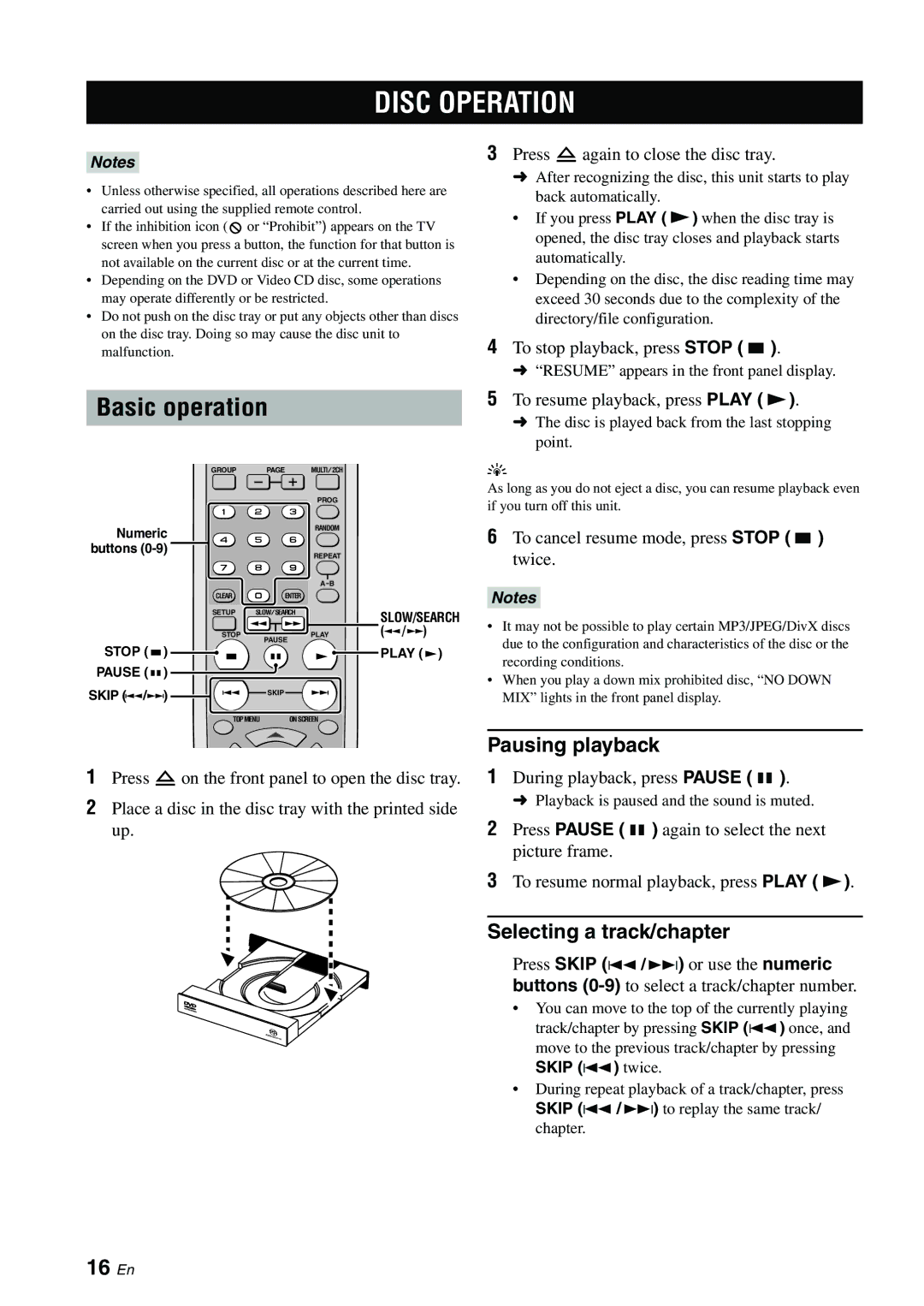 Yamaha DVD-S1700B manual Disc Operation, Basic operation, 16 En, Pausing playback, Selecting a track/chapter 