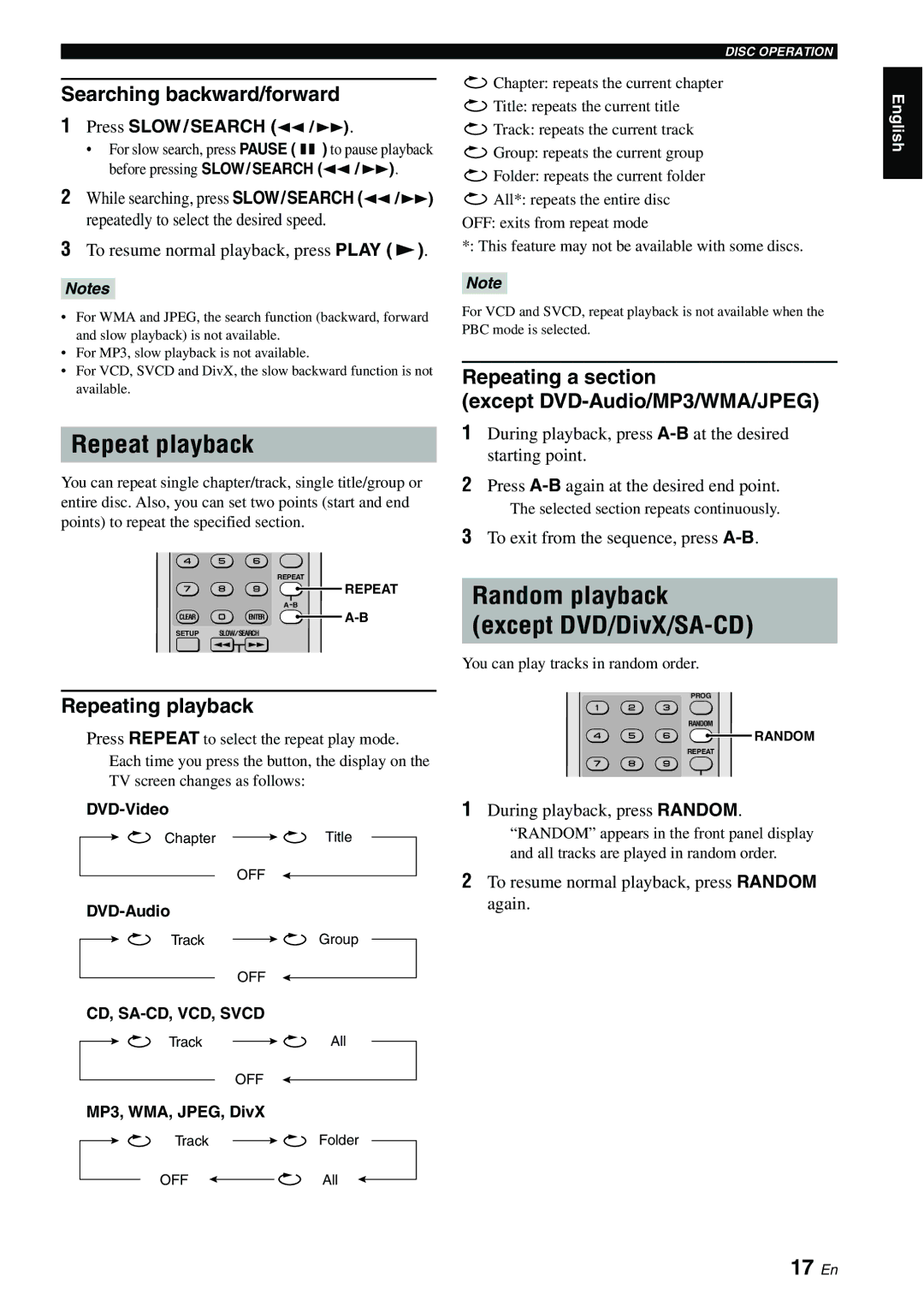 Yamaha DVD-S1700B manual Repeat playback, Random playback except DVD/DivX/SA-CD, 17 En 