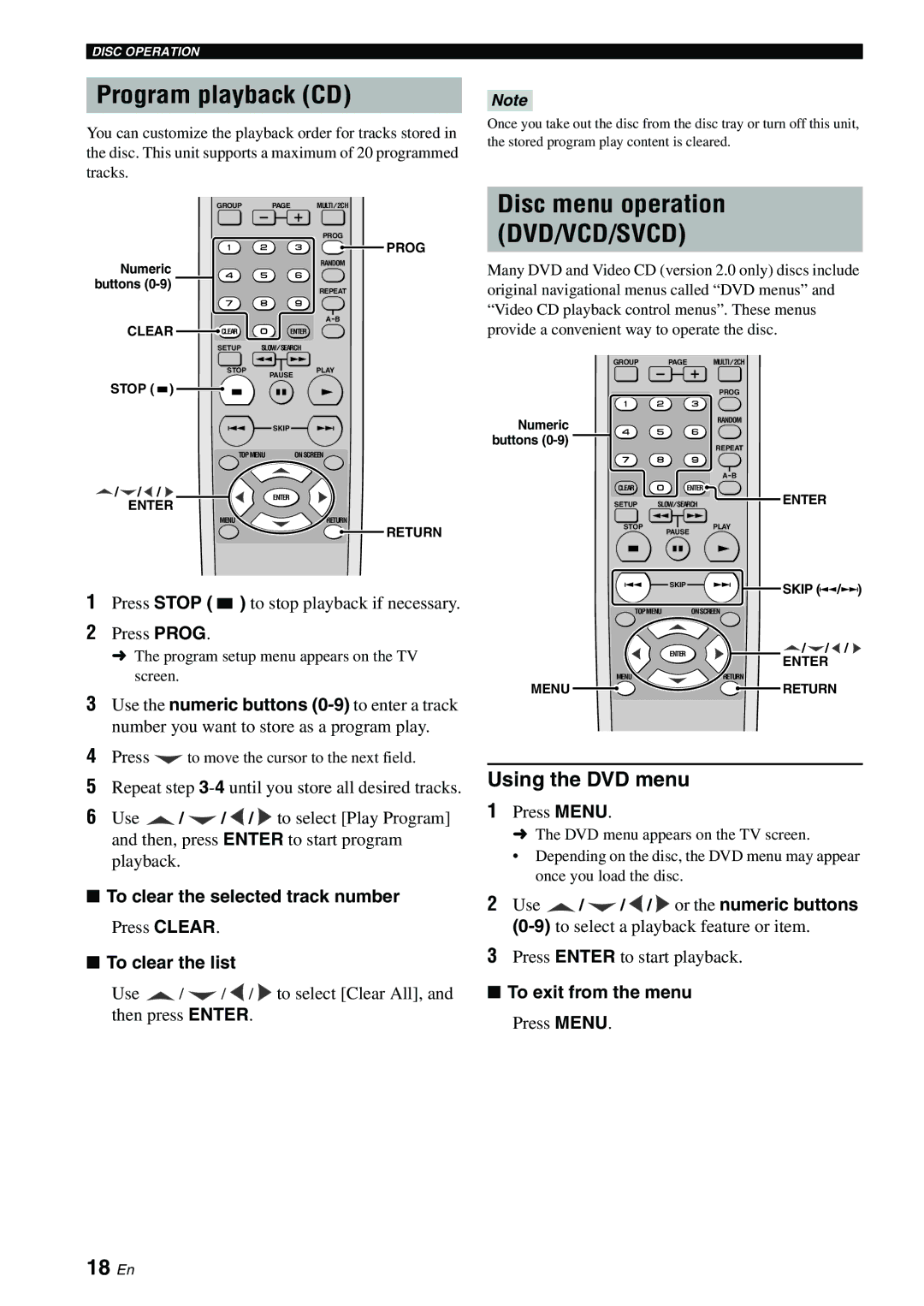 Yamaha DVD-S1700B manual Program playback CD, Disc menu operation DVD/VCD/SVCD, 18 En, Using the DVD menu 