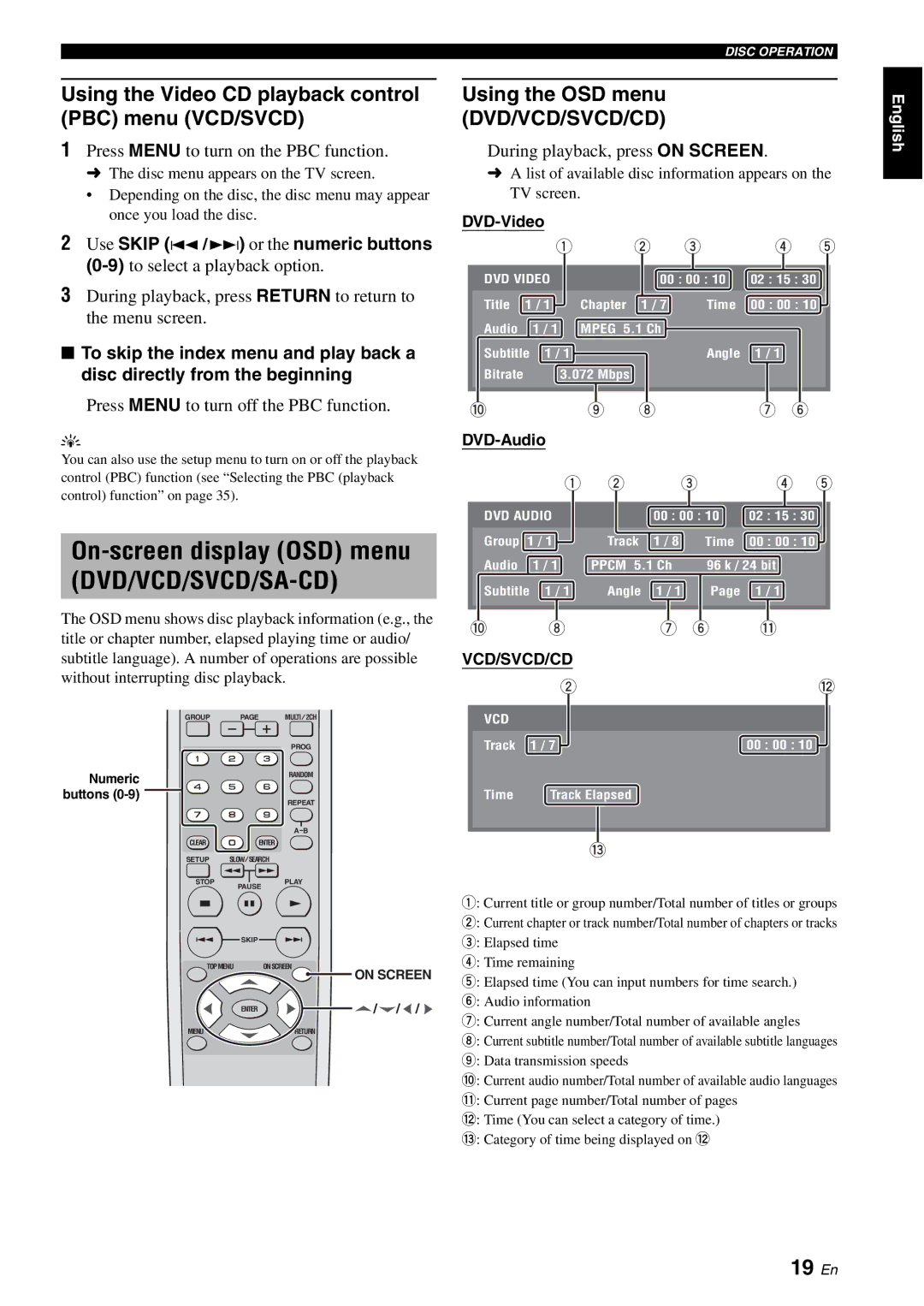 Yamaha DVD-S1700B manual On-screen display OSD menu DVD/VCD/SVCD/SA-CD, 19 En, Using the OSD menu DVD/VCD/SVCD/CD 