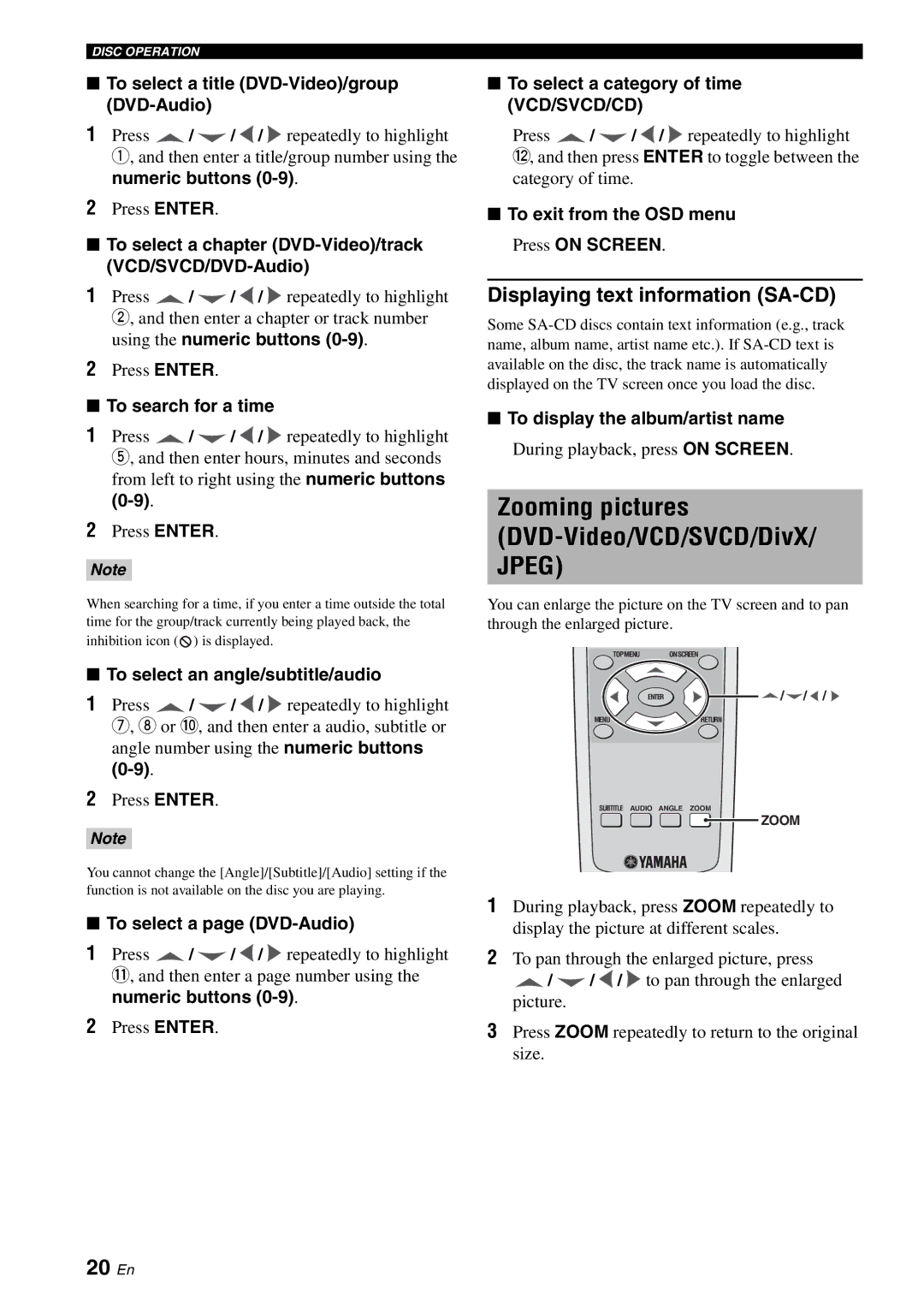 Yamaha DVD-S1700B manual Zooming pictures DVD-Video/VCD/SVCD/DivX/ Jpeg, 20 En, Displaying text information SA-CD 