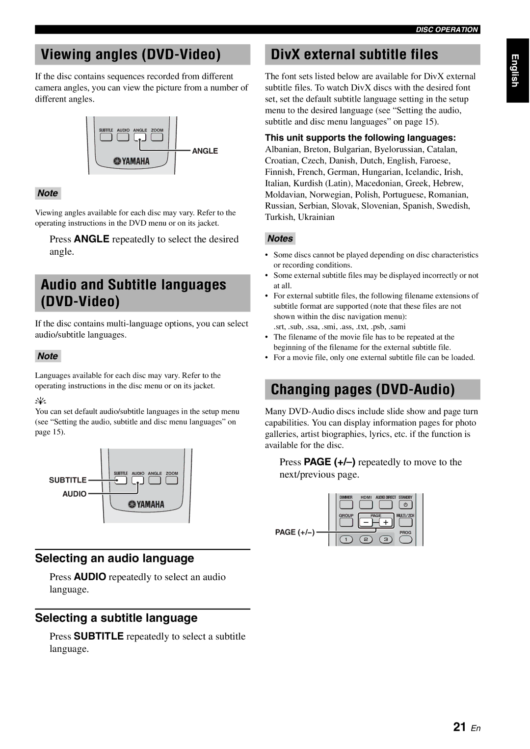 Yamaha DVD-S1700B Viewing angles DVD-Video, Audio and Subtitle languages DVD-Video, DivX external subtitle files, 21 En 