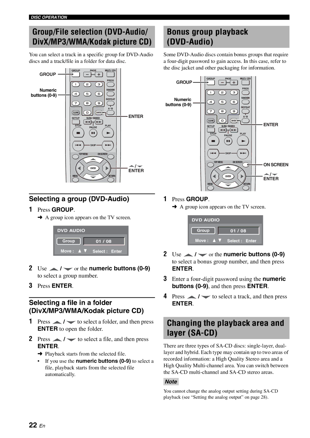 Yamaha DVD-S1700B manual Changing the playback area and layer SA-CD, Bonus group playback DVD-Audio, 22 En 