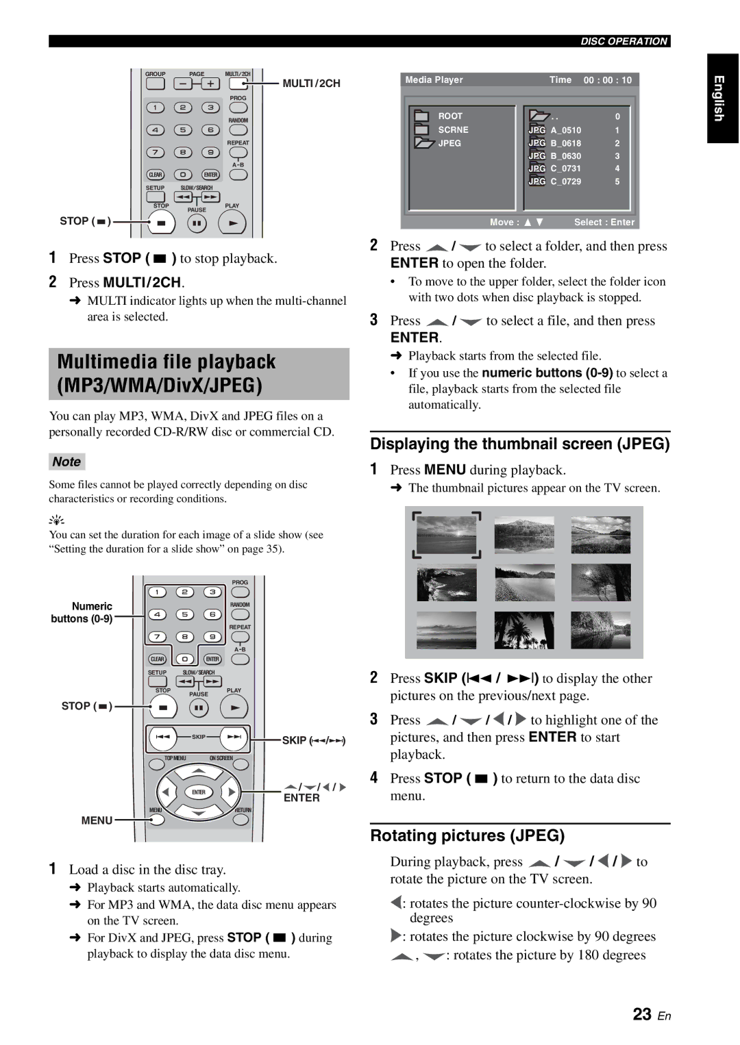 Yamaha DVD-S1700B manual Multimedia file playback MP3/WMA/DivX/JPEG, 23 En, Displaying the thumbnail screen Jpeg 