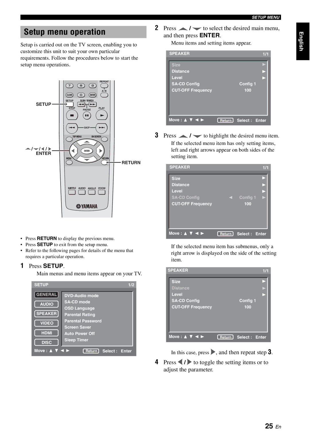 Yamaha DVD-S1700B manual Setup menu operation, 25 En, Main menus and menu items appear on your TV 