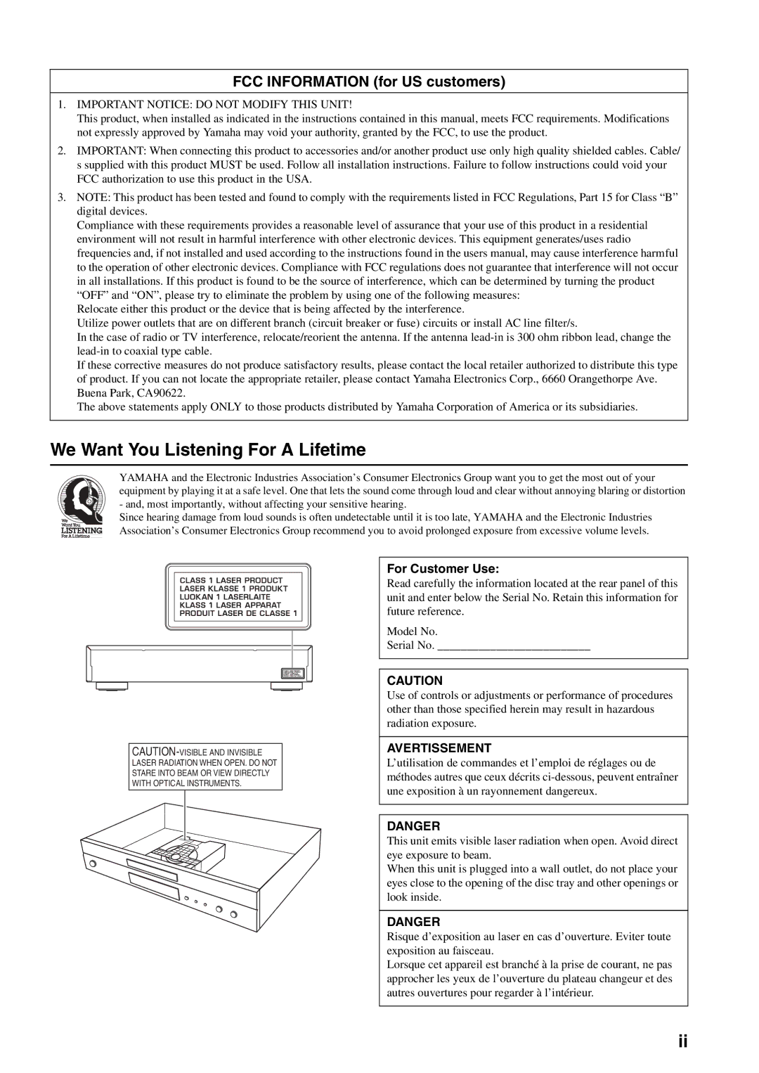 Yamaha DVD-S1700B manual We Want You Listening For a Lifetime, FCC Information for US customers 